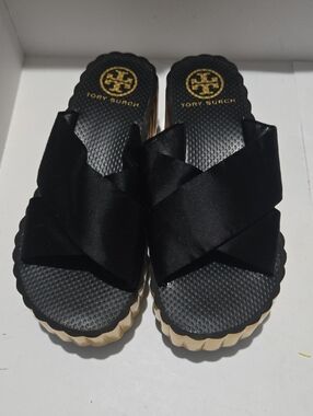Tory Burch Black Satin Crisscross Slide Clogs with Gold Logo